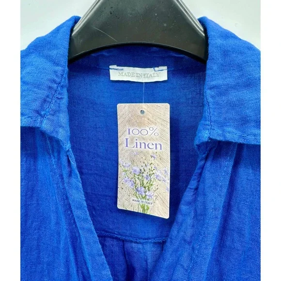 NWT Womens L 100% Linen Oversized Shirt Cobalt Blue Lagenlook Artsy Minimalist - Picture 2 of 14